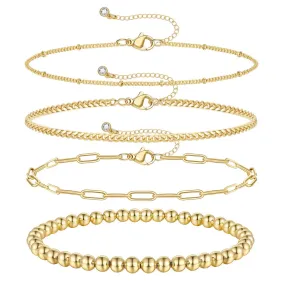 14K Gold Dainty Layered Beaded Ball Bracelets Sets-4pcs