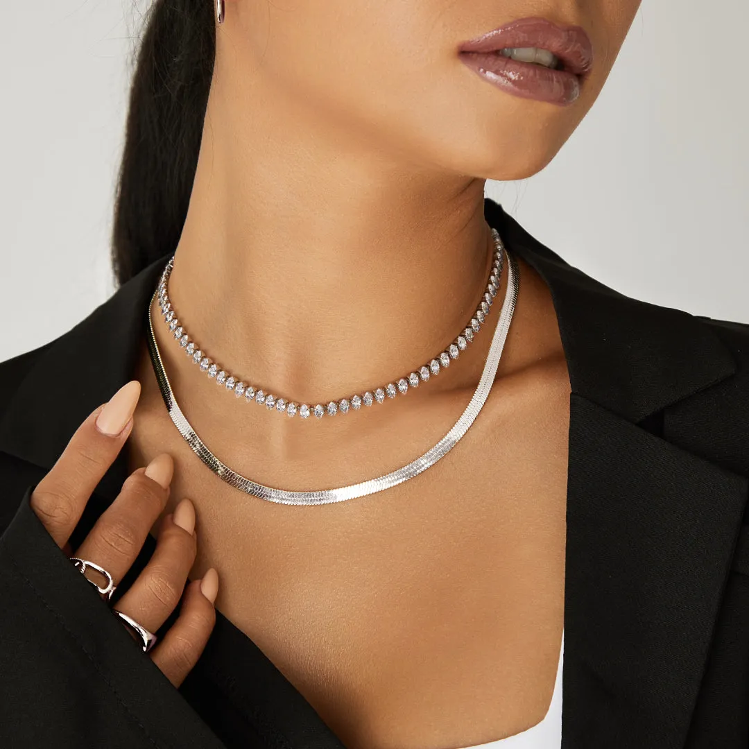 14K Gold Diamond Tennis Necklace CZ Baguette Tennis Chain- Oval CZ