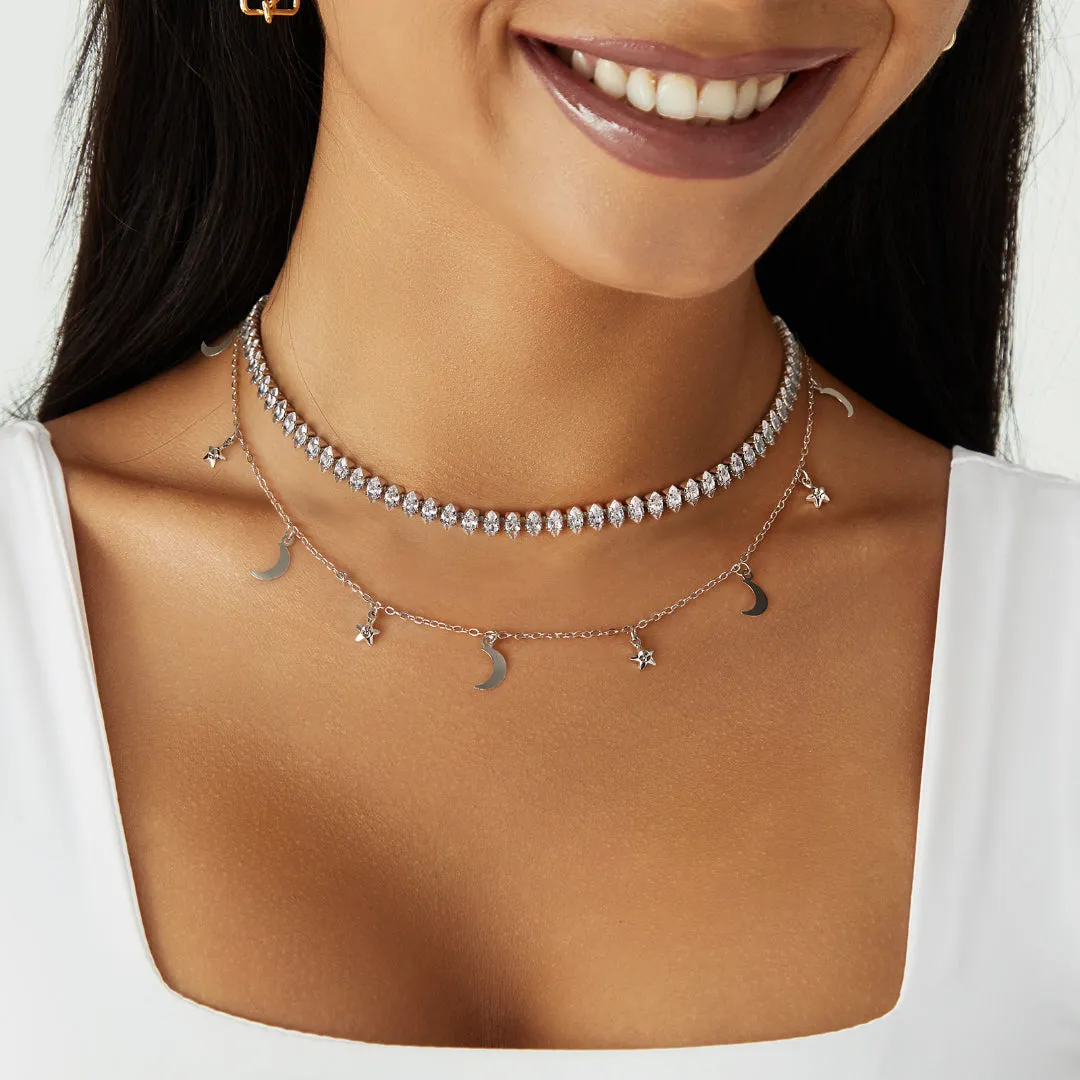 14K Gold Diamond Tennis Necklace CZ Baguette Tennis Chain- Oval CZ