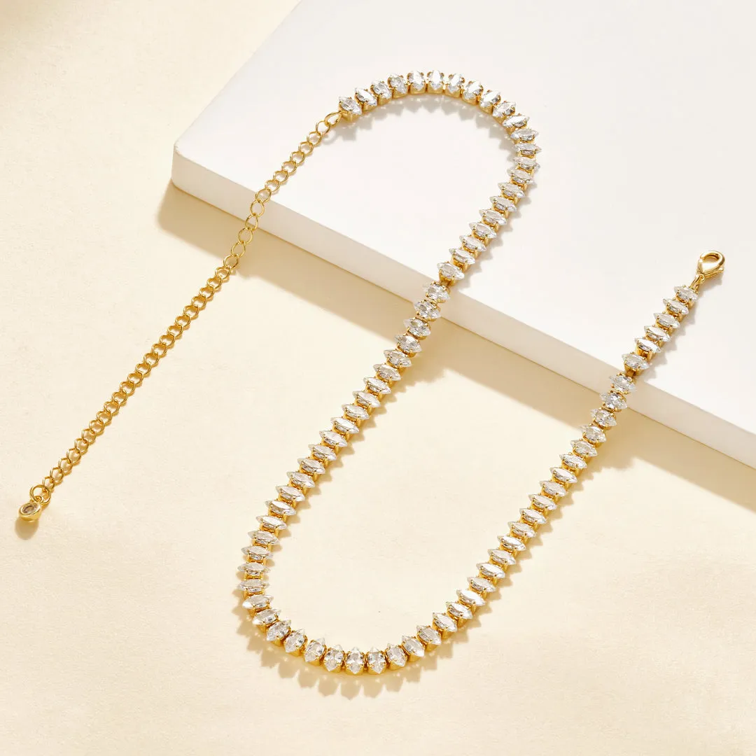 14K Gold Diamond Tennis Necklace CZ Baguette Tennis Chain- Oval CZ