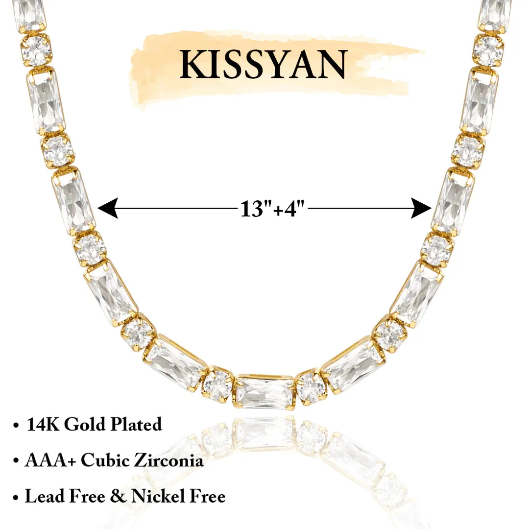 14K Gold Diamond Tennis Necklace CZ Baguette Tennis Chain- Oval CZ