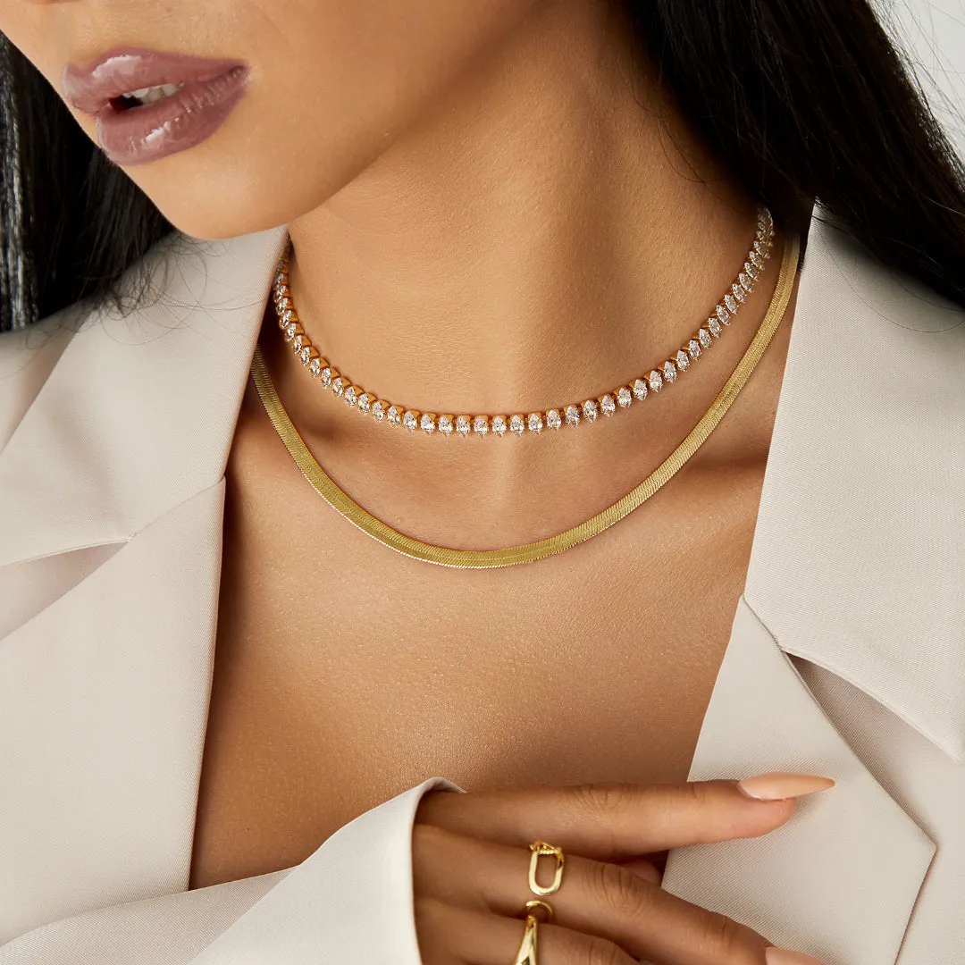 14K Gold Diamond Tennis Necklace CZ Baguette Tennis Chain- Oval CZ