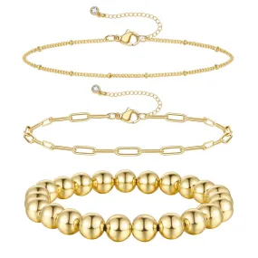 14K Gold Layered Stretchable Elastic Beaded Ball Bracelets Sets-3Pcs