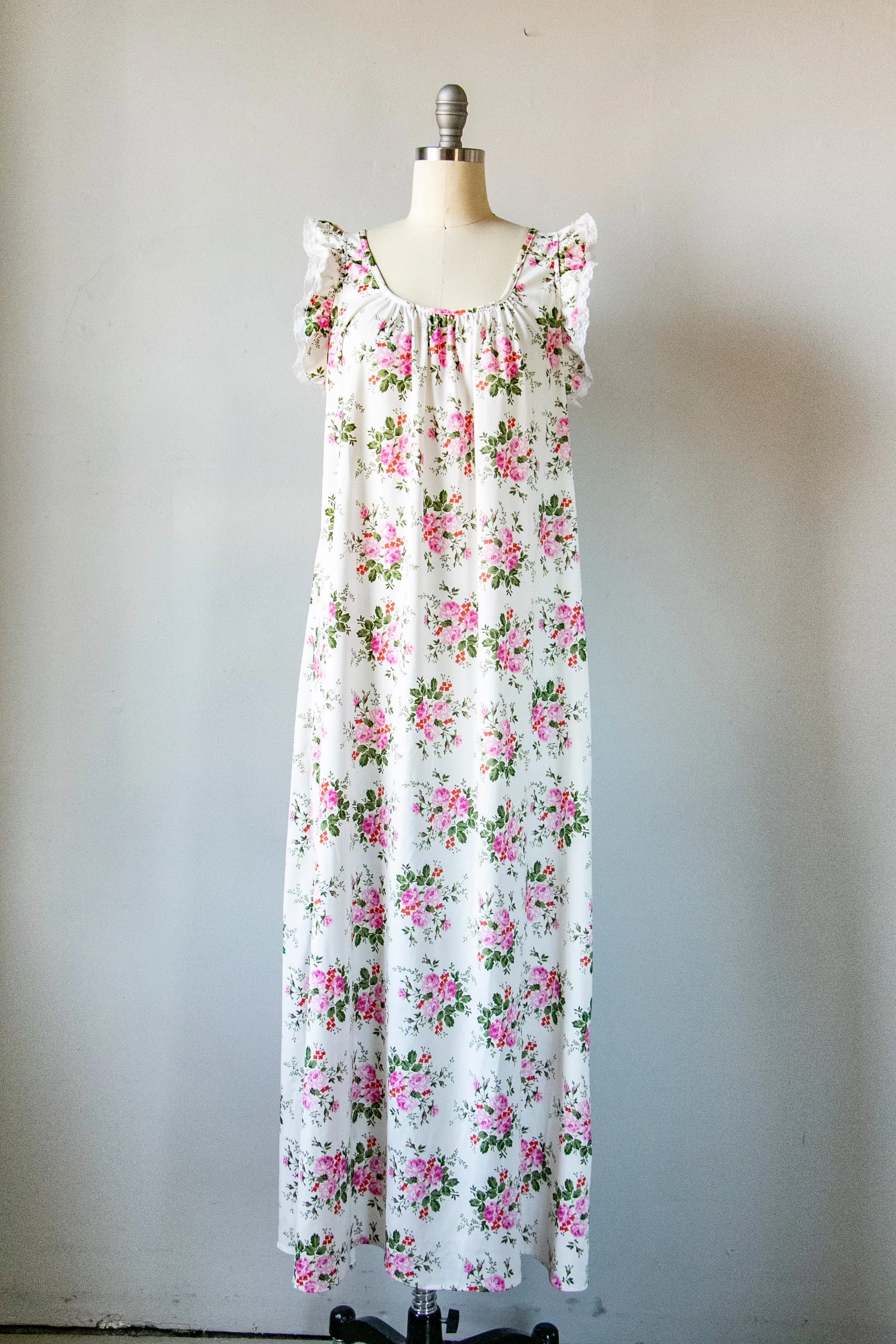 1970s Nightgown Slip Dress Floral Maxi S/M