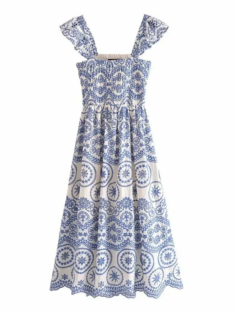 2024 BOHO Summer Blue White Floral Embroidery Hollow Out hole Backless Dress Women Ruffles Strap Sling Midi Holiday Robe Female