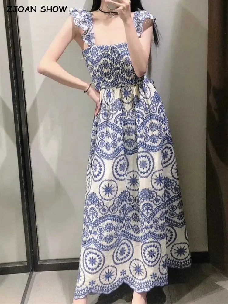 2024 BOHO Summer Blue White Floral Embroidery Hollow Out hole Backless Dress Women Ruffles Strap Sling Midi Holiday Robe Female