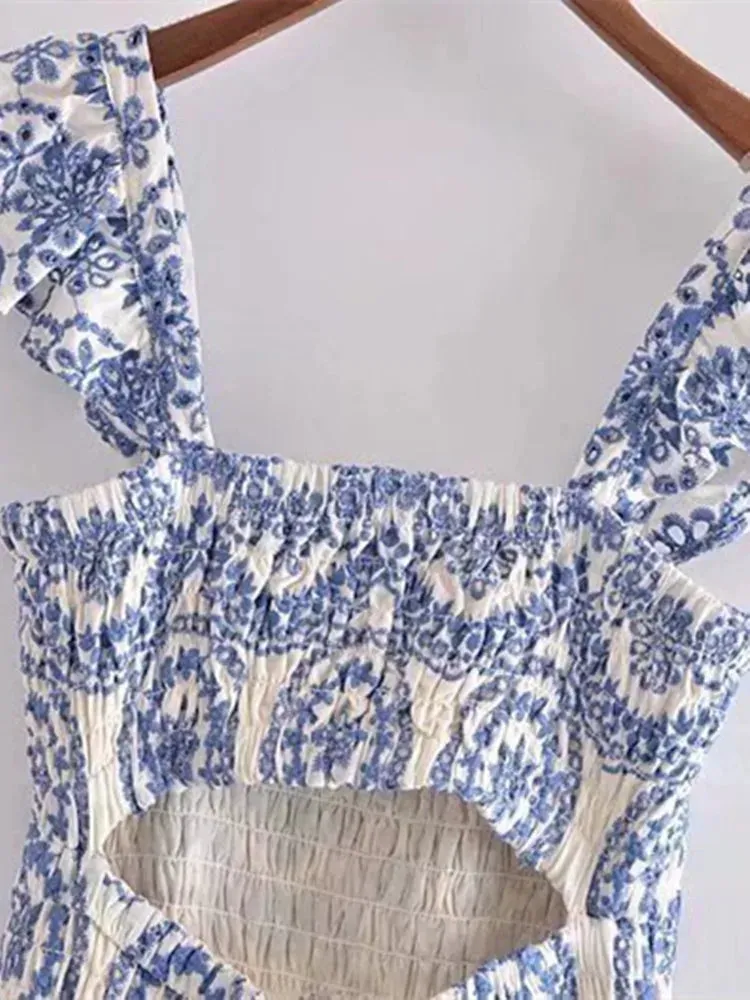2024 BOHO Summer Blue White Floral Embroidery Hollow Out hole Backless Dress Women Ruffles Strap Sling Midi Holiday Robe Female