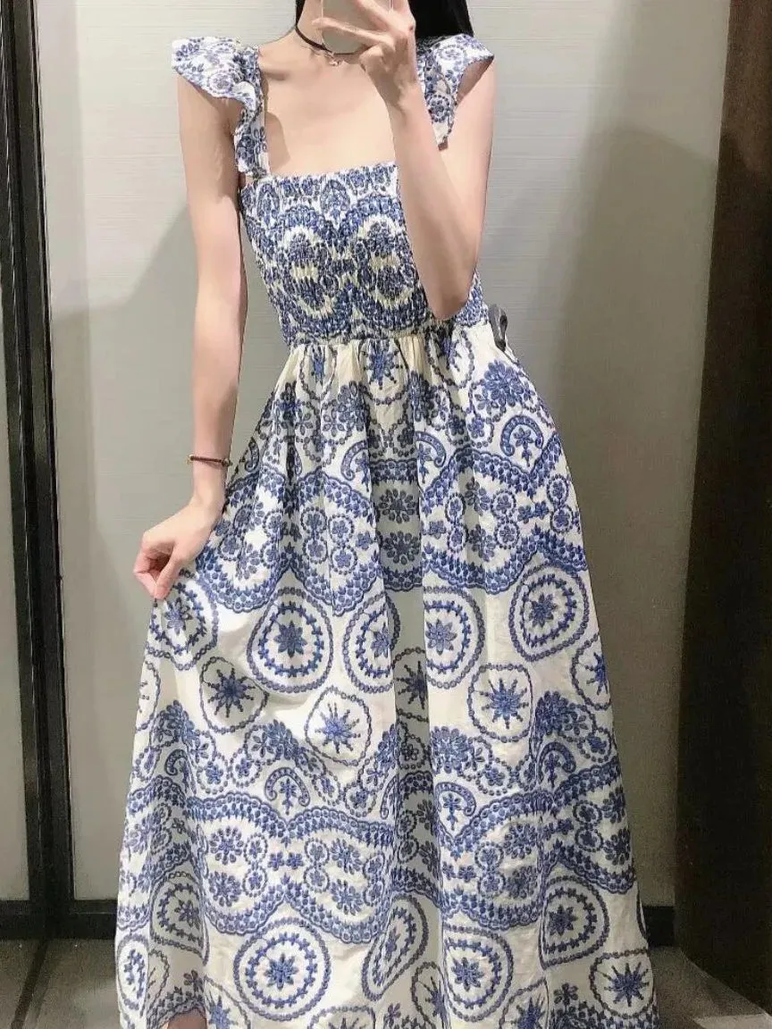2024 BOHO Summer Blue White Floral Embroidery Hollow Out hole Backless Dress Women Ruffles Strap Sling Midi Holiday Robe Female