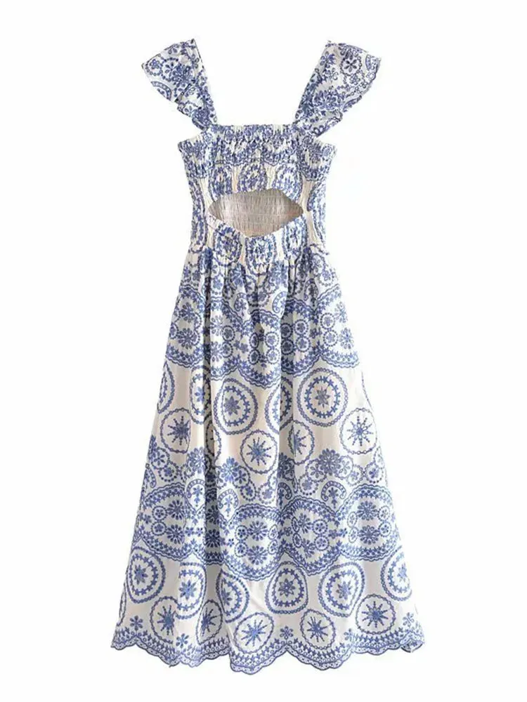 2024 BOHO Summer Blue White Floral Embroidery Hollow Out hole Backless Dress Women Ruffles Strap Sling Midi Holiday Robe Female
