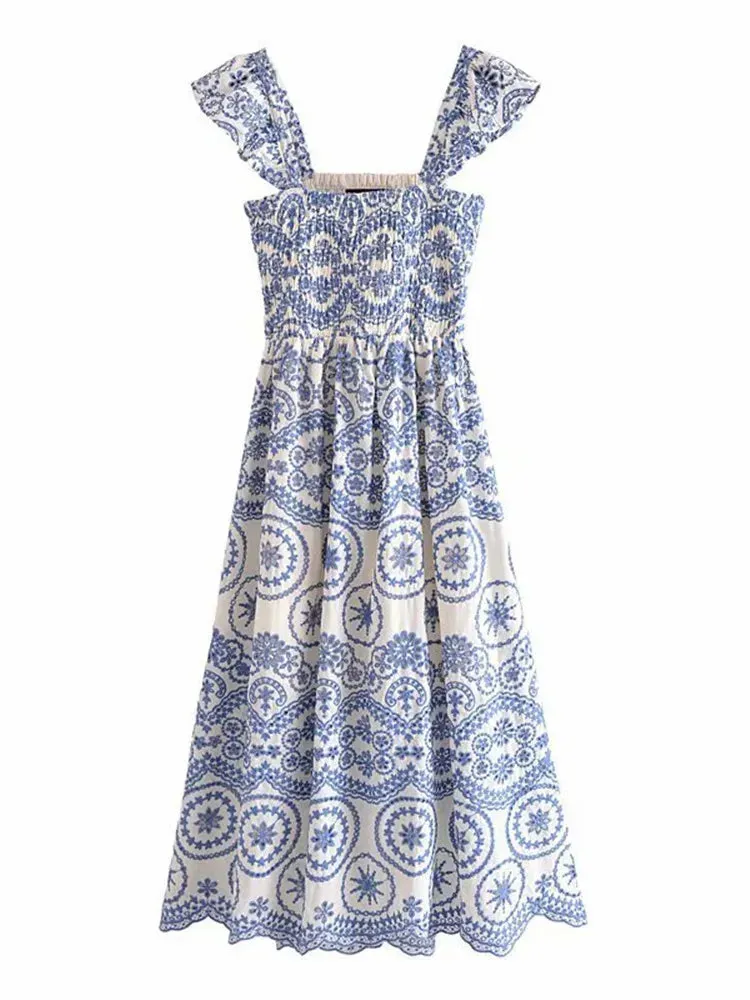 2024 BOHO Summer Blue White Floral Embroidery Hollow Out hole Backless Dress Women Ruffles Strap Sling Midi Holiday Robe Female