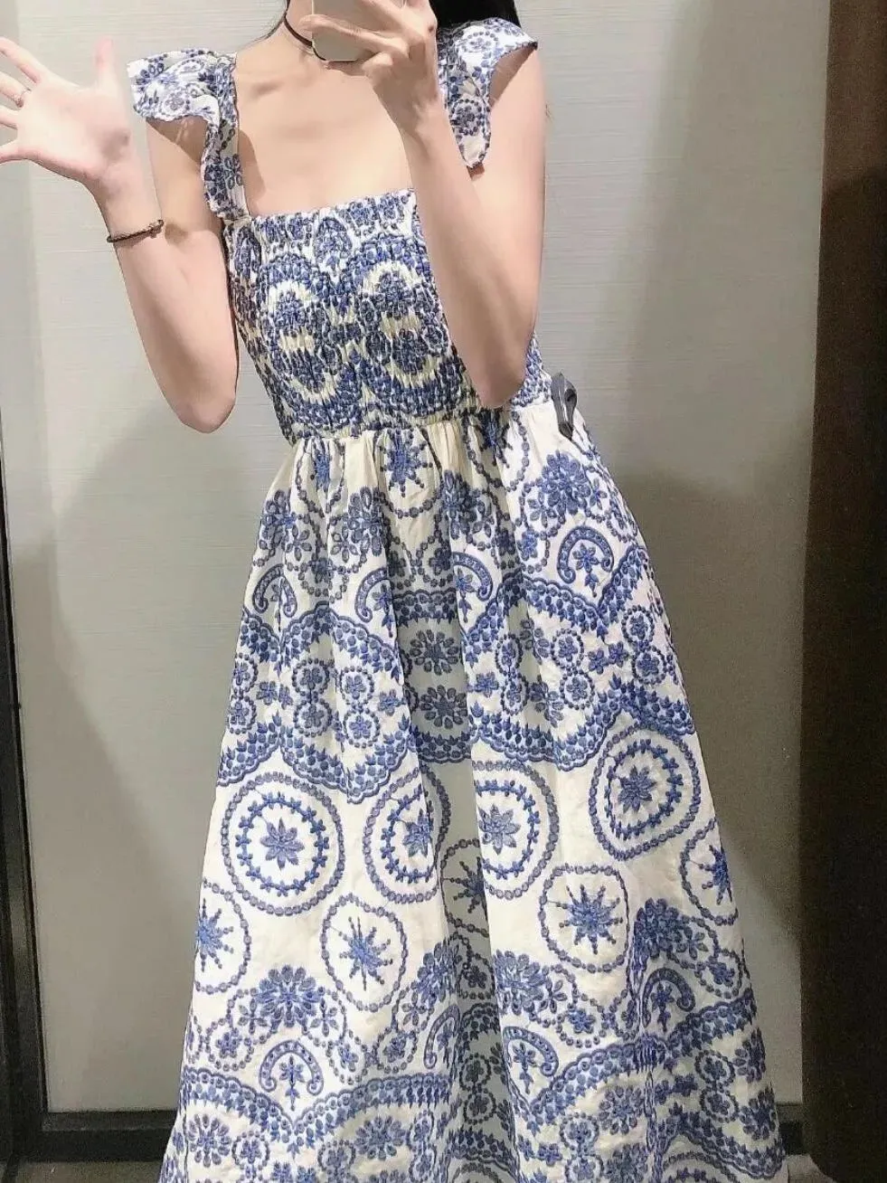 2024 BOHO Summer Blue White Floral Embroidery Hollow Out hole Backless Dress Women Ruffles Strap Sling Midi Holiday Robe Female