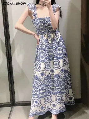 2024 BOHO Summer Blue White Floral Embroidery Hollow Out hole Backless Dress Women Ruffles Strap Sling Midi Holiday Robe Female