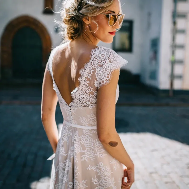 2024 Vintage Champagne Lace Bohemian Wedding Dress