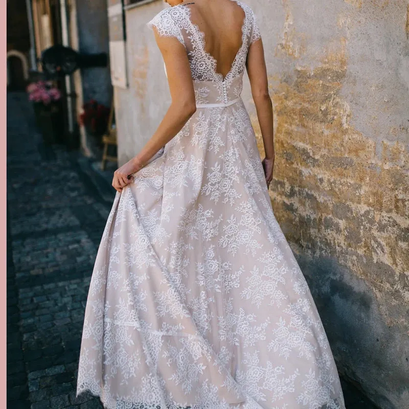 2024 Vintage Champagne Lace Bohemian Wedding Dress