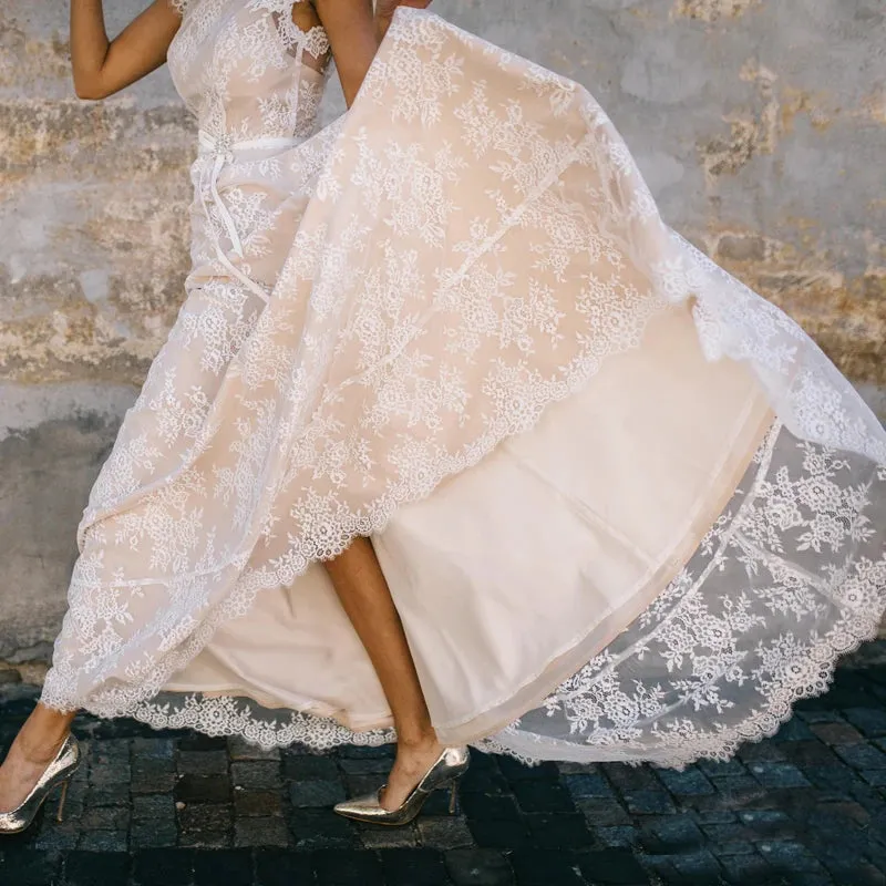 2024 Vintage Champagne Lace Bohemian Wedding Dress