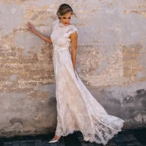 2024 Vintage Champagne Lace Bohemian Wedding Dress