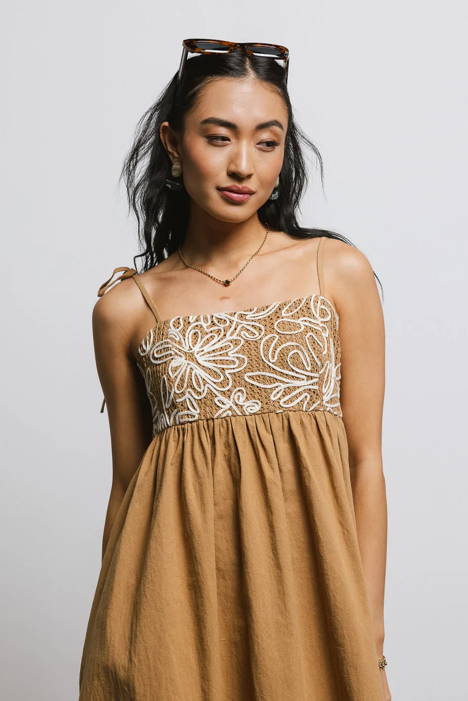 Abstract Embroidered Mini Dress in Camel