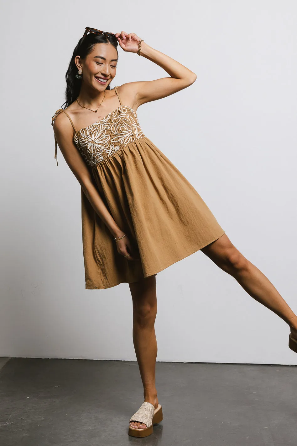 Abstract Embroidered Mini Dress in Camel
