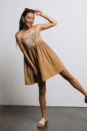 Abstract Embroidered Mini Dress in Camel
