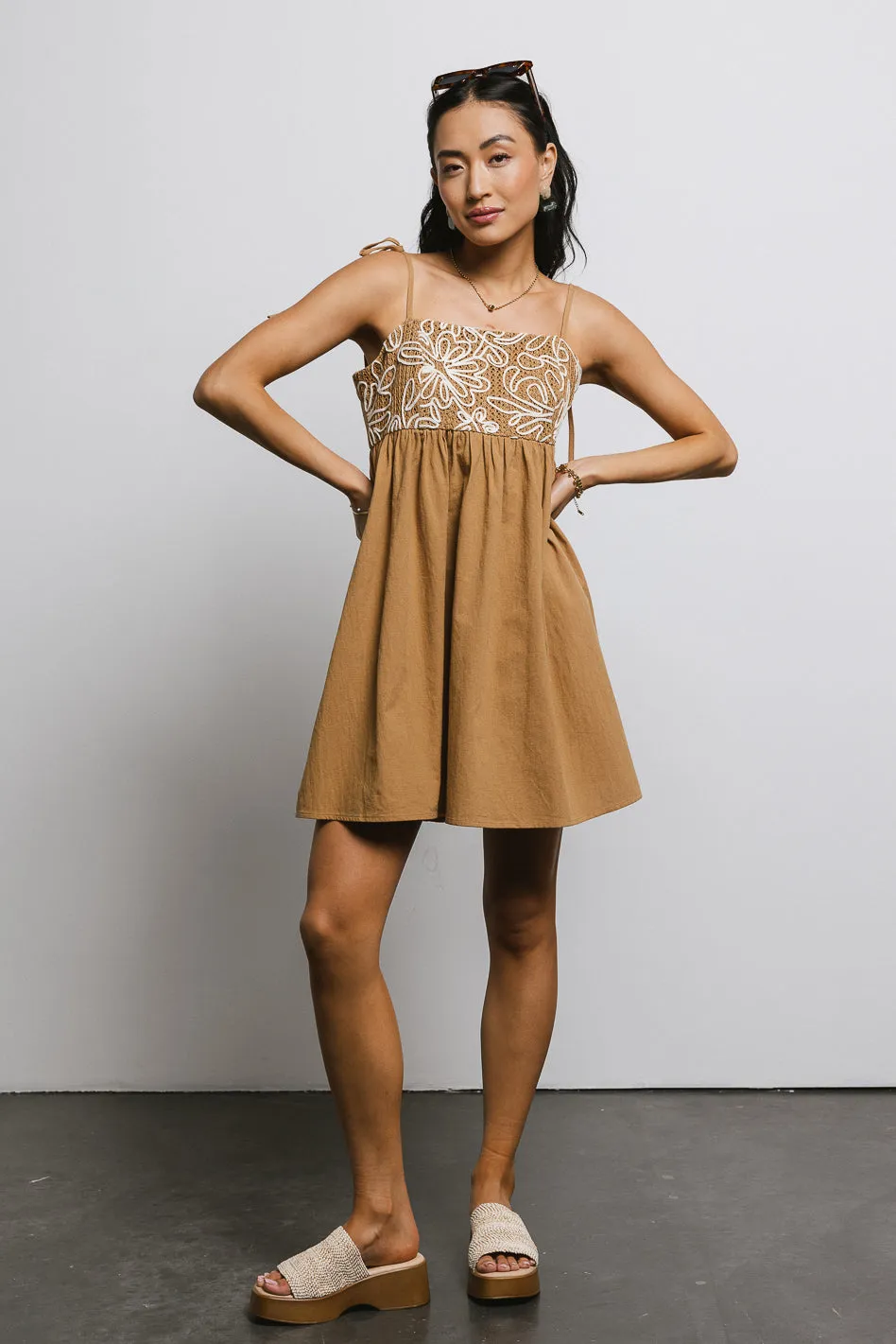 Abstract Embroidered Mini Dress in Camel