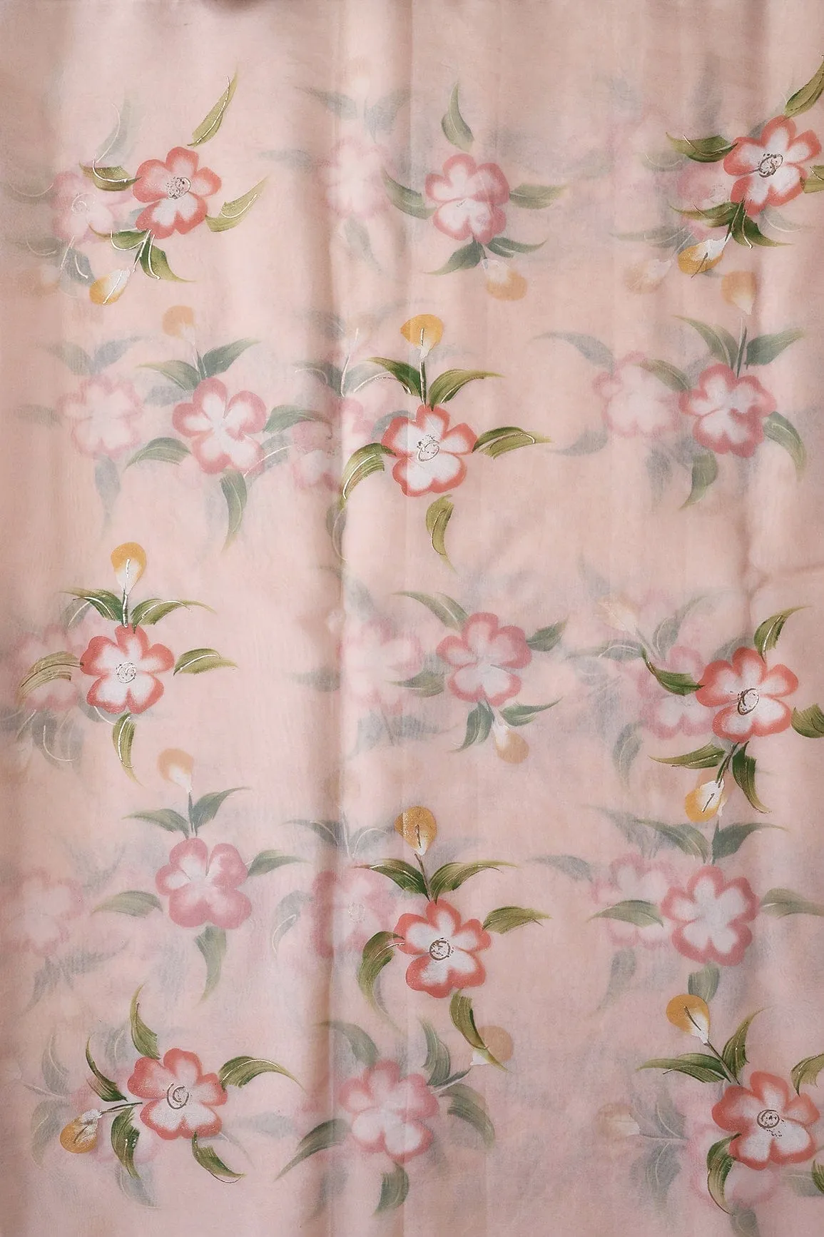 Beautiful Floral Hand Painted With Foil Work On Peach Organza Fabric