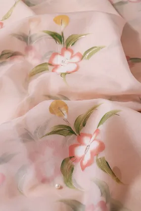 Beautiful Floral Hand Painted With Foil Work On Peach Organza Fabric