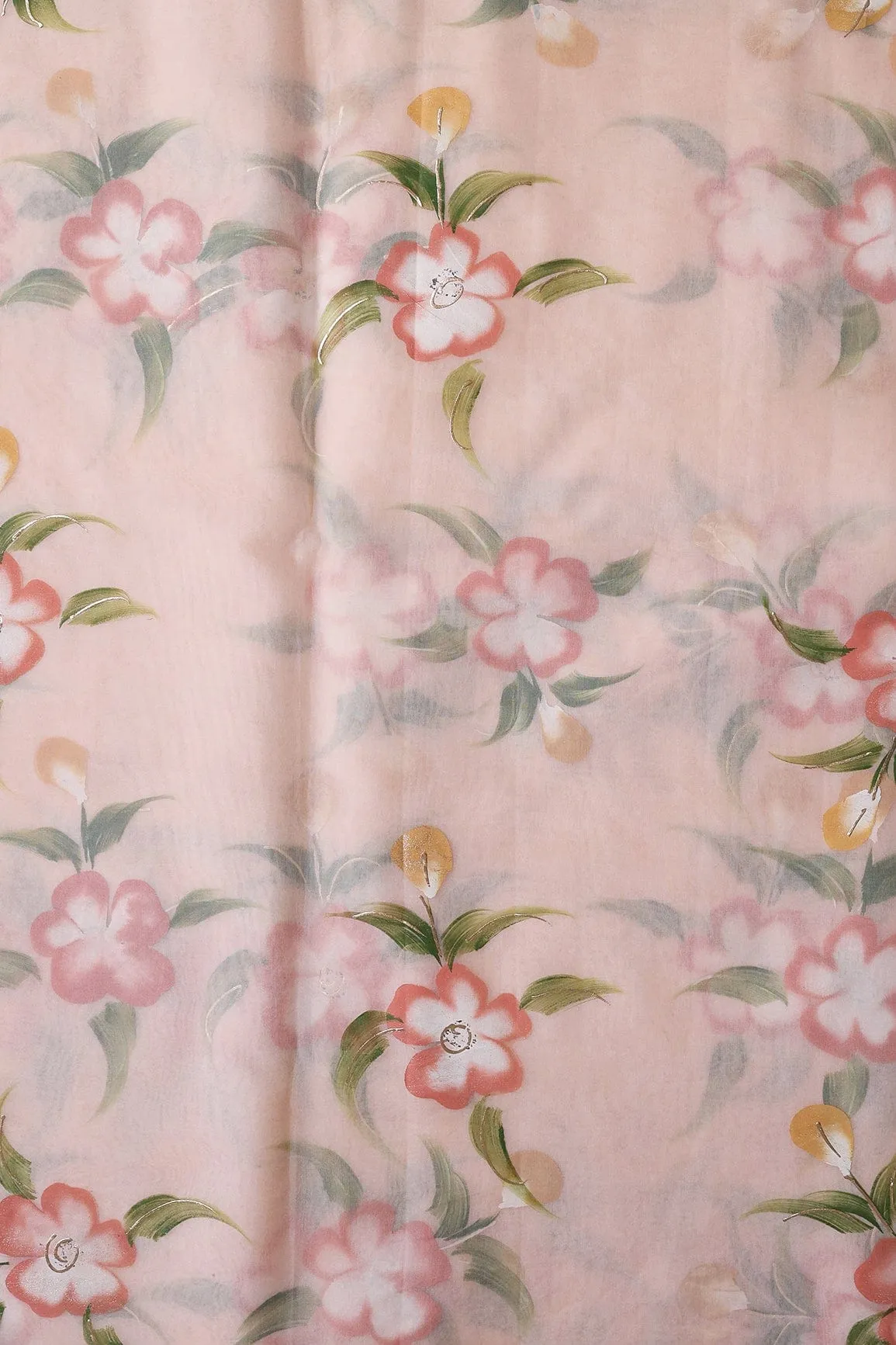 Beautiful Floral Hand Painted With Foil Work On Peach Organza Fabric