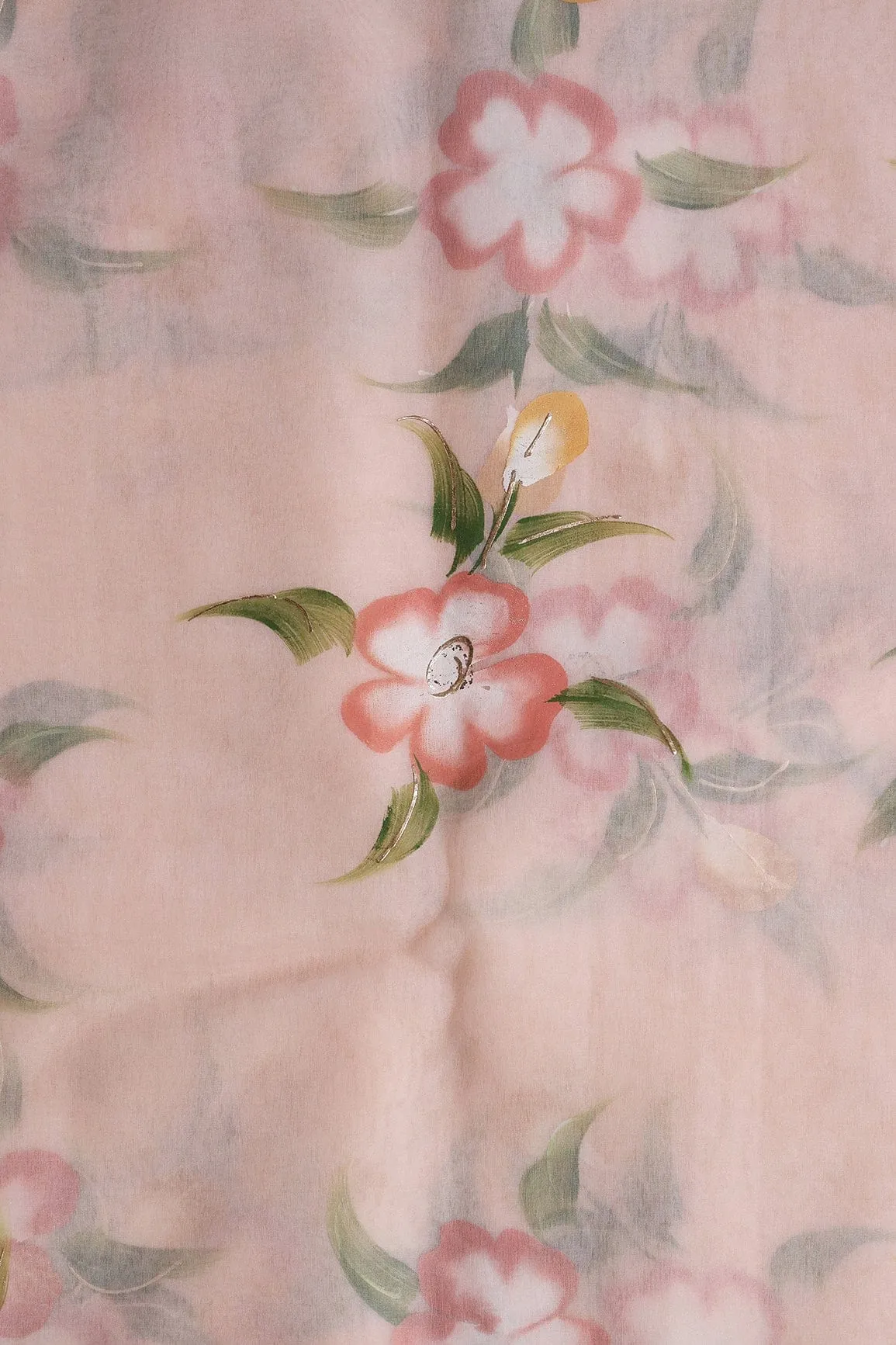 Beautiful Floral Hand Painted With Foil Work On Peach Organza Fabric