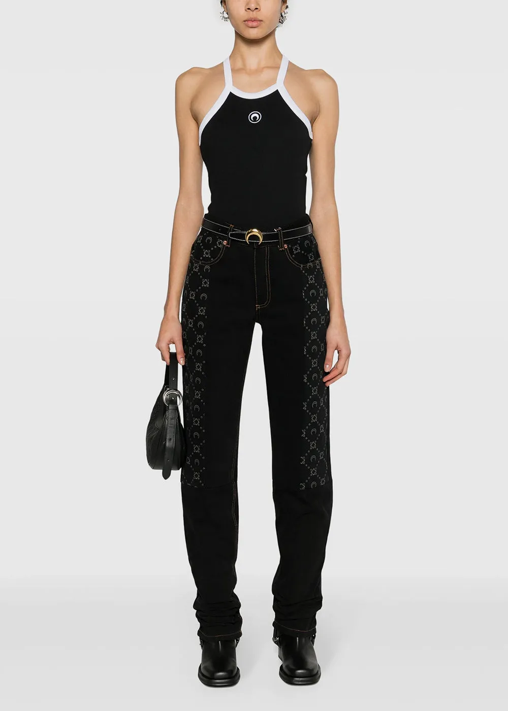 Black Crescent Moon-Embroidered Top