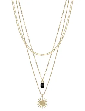 Black Crystal & Gold Starburst Triple Layered Necklace