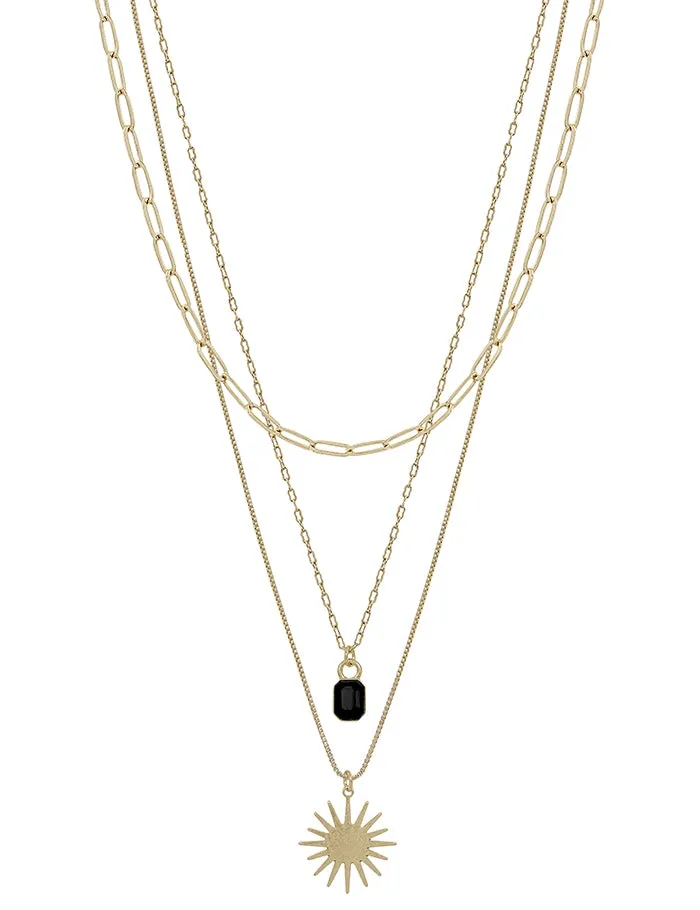 Black Crystal & Gold Starburst Triple Layered Necklace