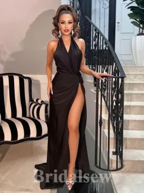 Black Halter Satin Fashion Mermaid New Sexy Slit Evening Long Prom Dresses PD1105