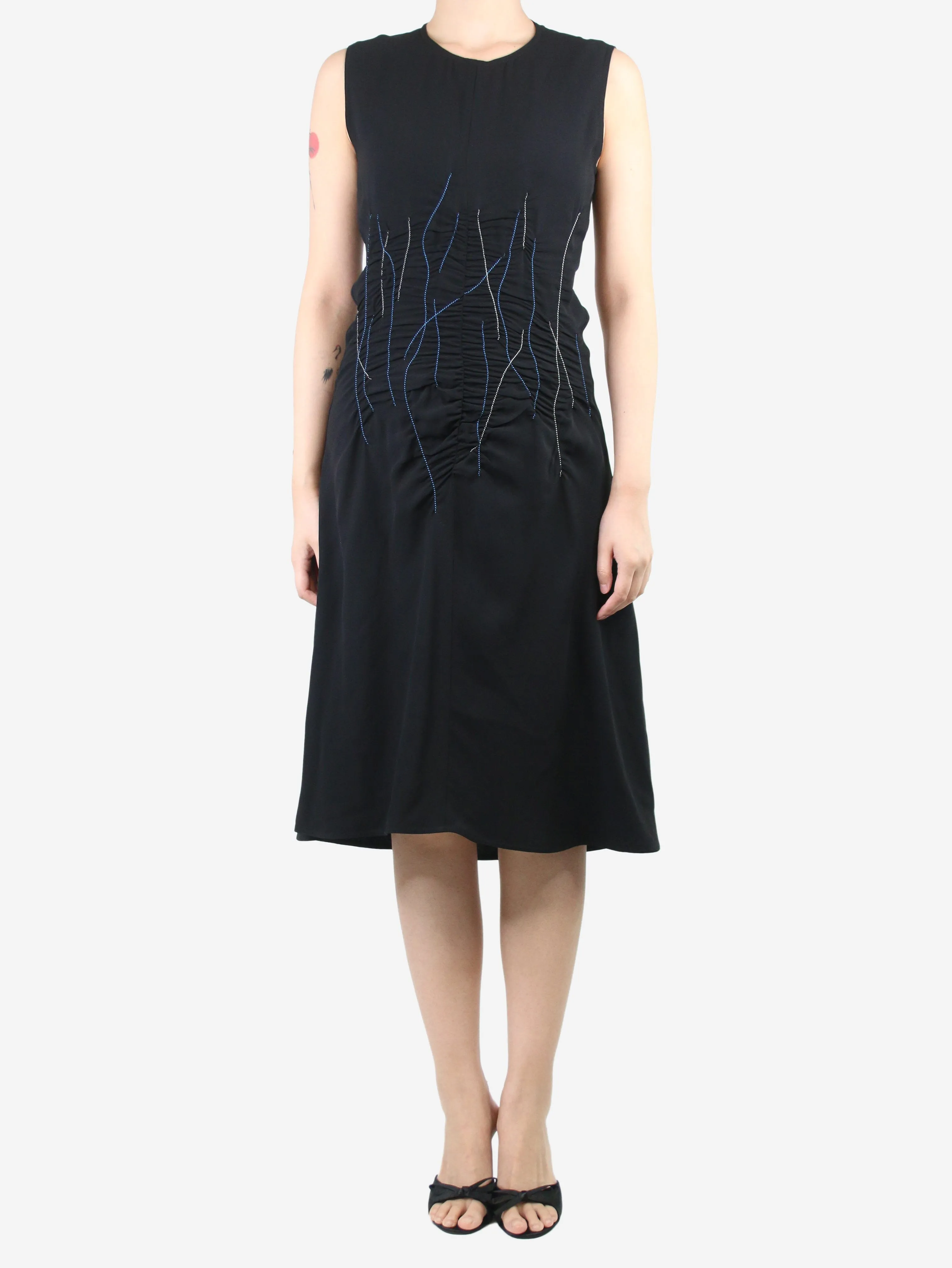 Black sleeveless embroidered midi dress - size UK 6