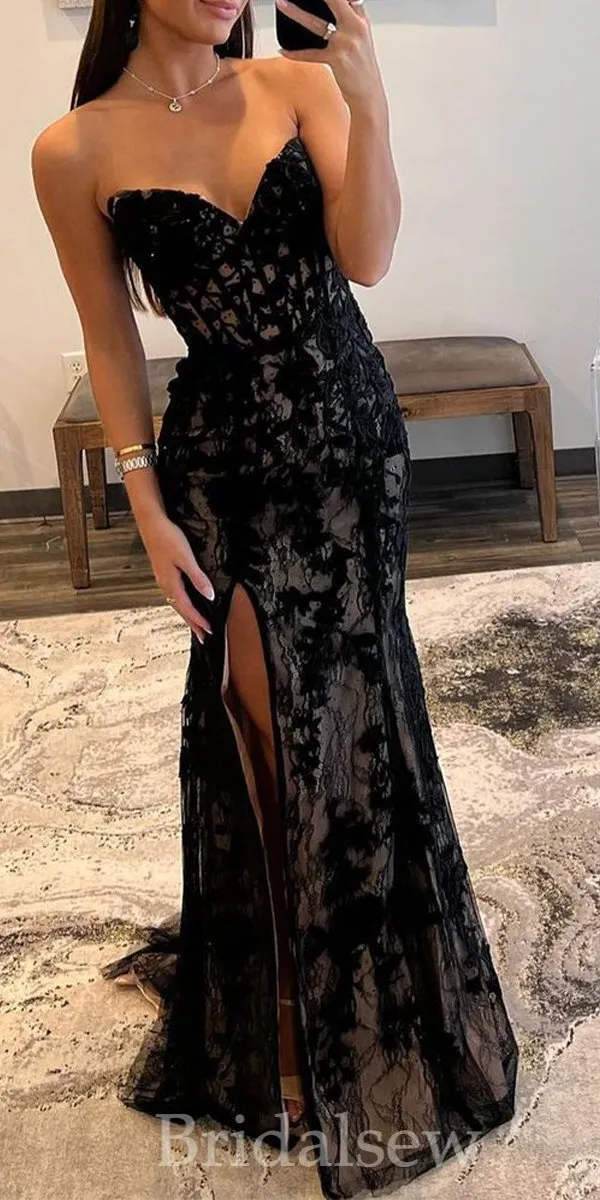 Black Strapless Lace Mermaid Unique Stylish Elegant Evening Formal Long Prom Dresses PD1431