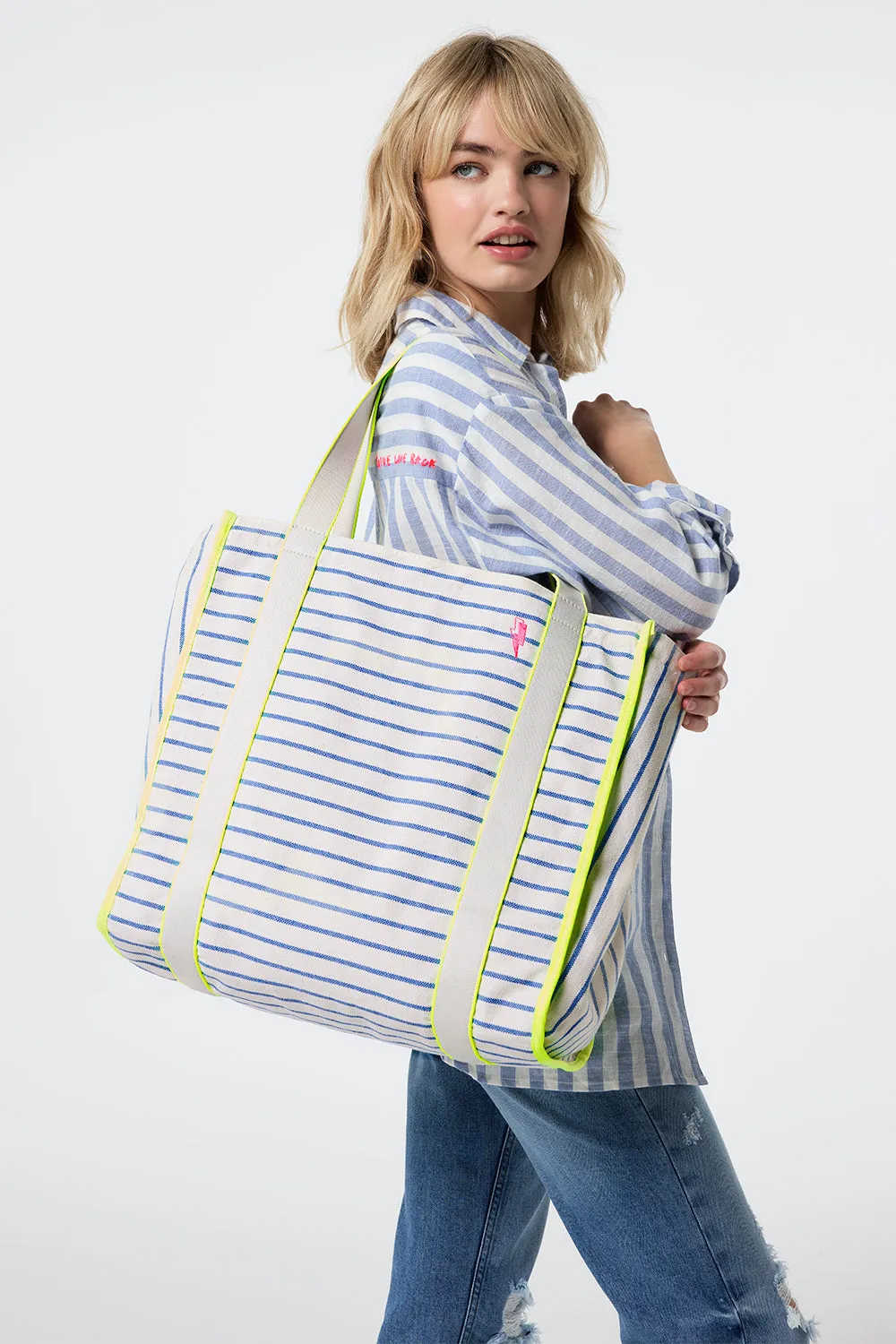 Blue and Ivory Stripe Zip Pocket Canvas Tote Bag
