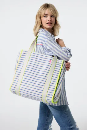Blue and Ivory Stripe Zip Pocket Canvas Tote Bag