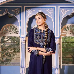 Blue Velvet High Slit Zari Embroidered Kurta