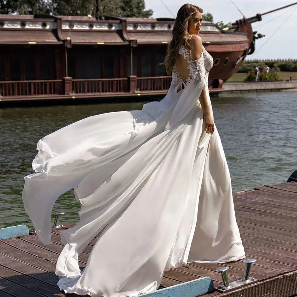 Bohemian Lace  Chiffon Wedding Dresses Fashion Scoop Backless Appliques Slit Bridal Gowns  Vestido de novia