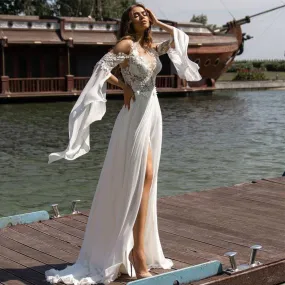 Bohemian Lace  Chiffon Wedding Dresses Fashion Scoop Backless Appliques Slit Bridal Gowns  Vestido de novia