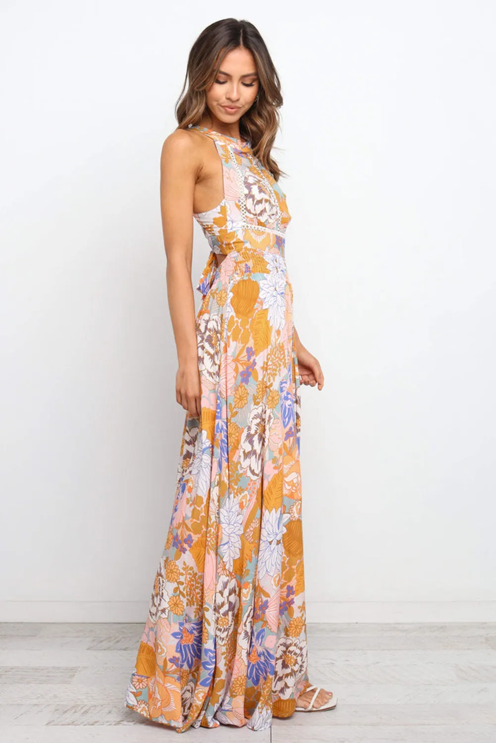 Boho Floral Backless Lace up Sleeveless Maxi Dress