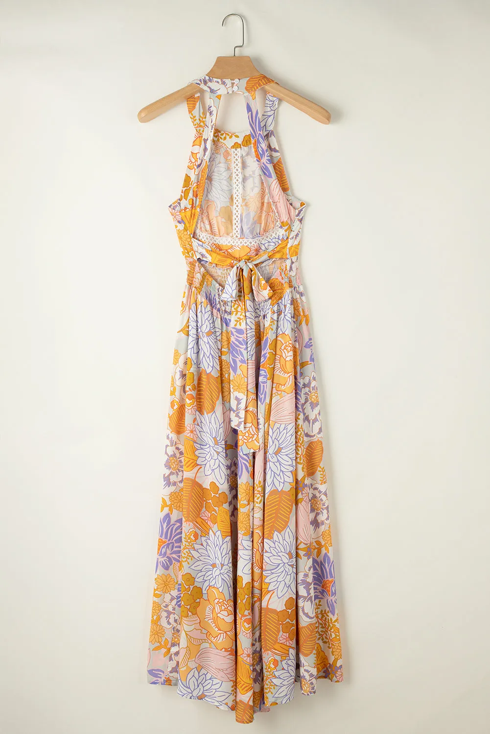 Boho Floral Backless Lace up Sleeveless Maxi Dress