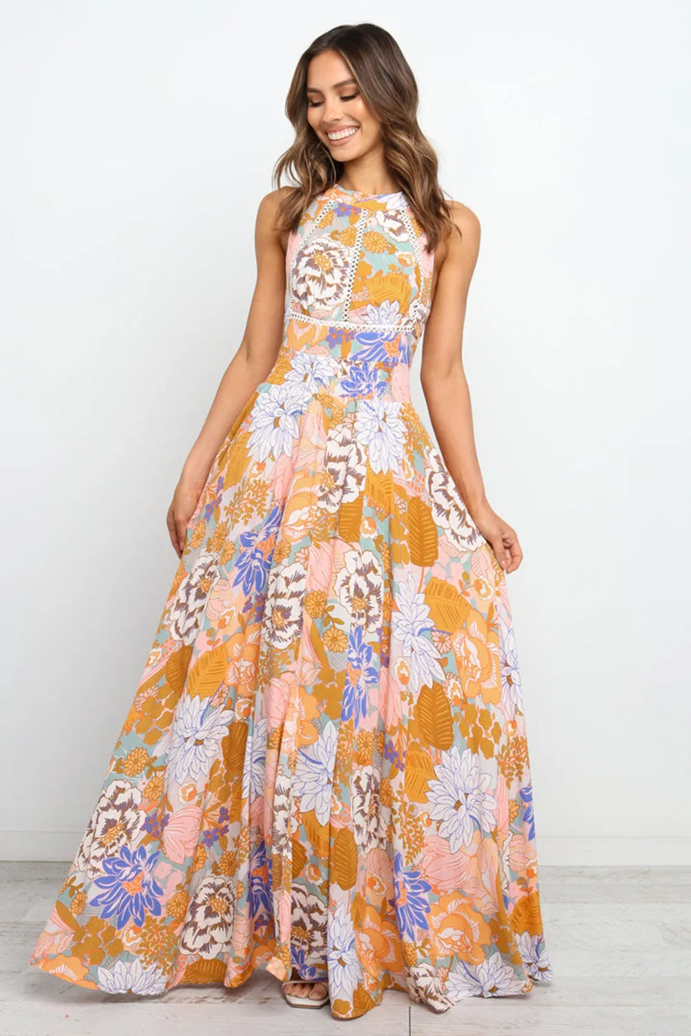 Boho Floral Backless Lace up Sleeveless Maxi Dress