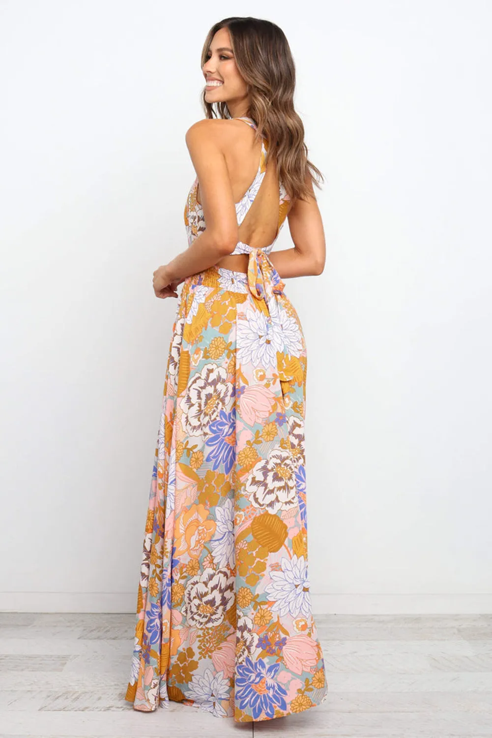 Boho Floral Backless Lace up Sleeveless Maxi Dress