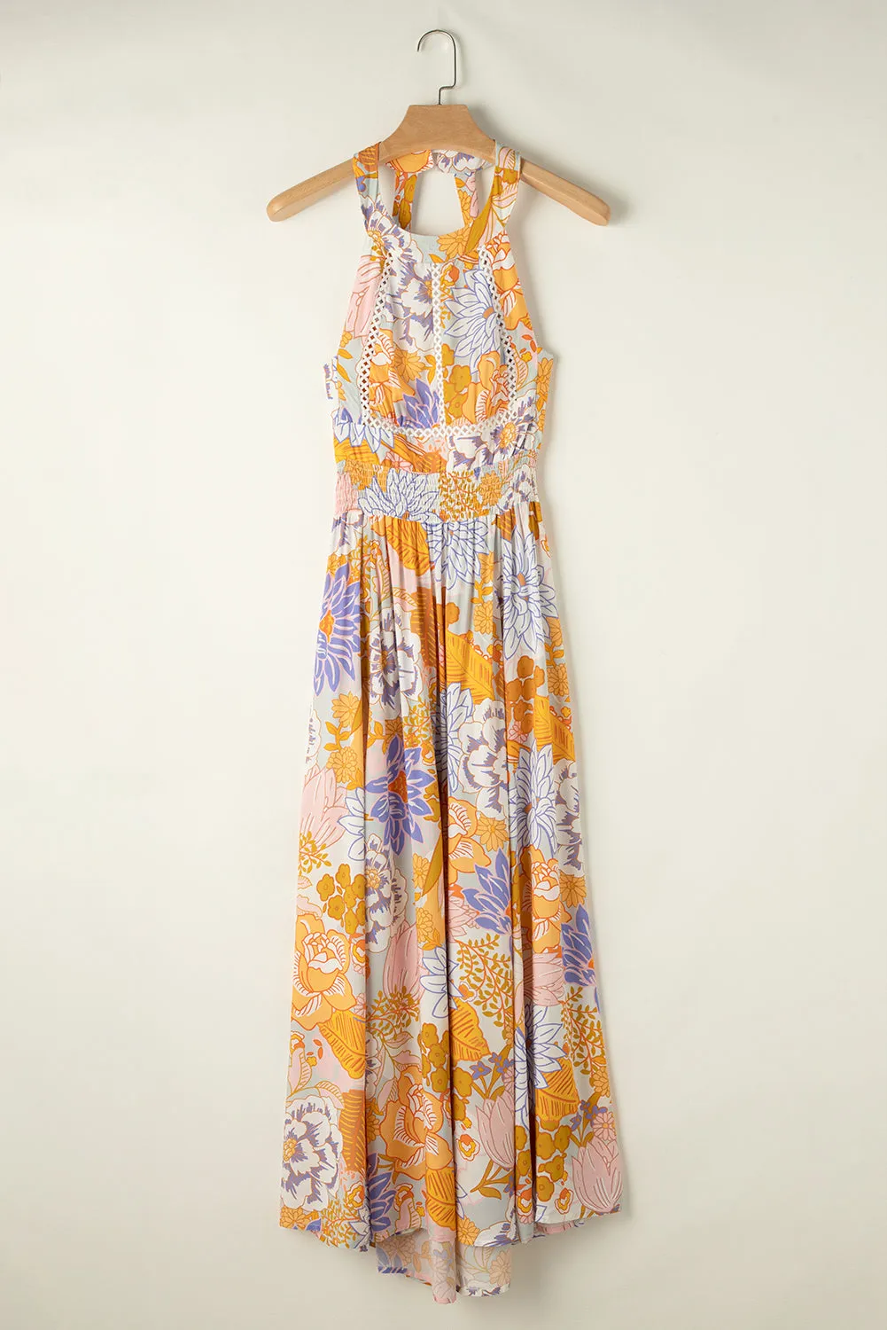 Boho Floral Backless Lace up Sleeveless Maxi Dress
