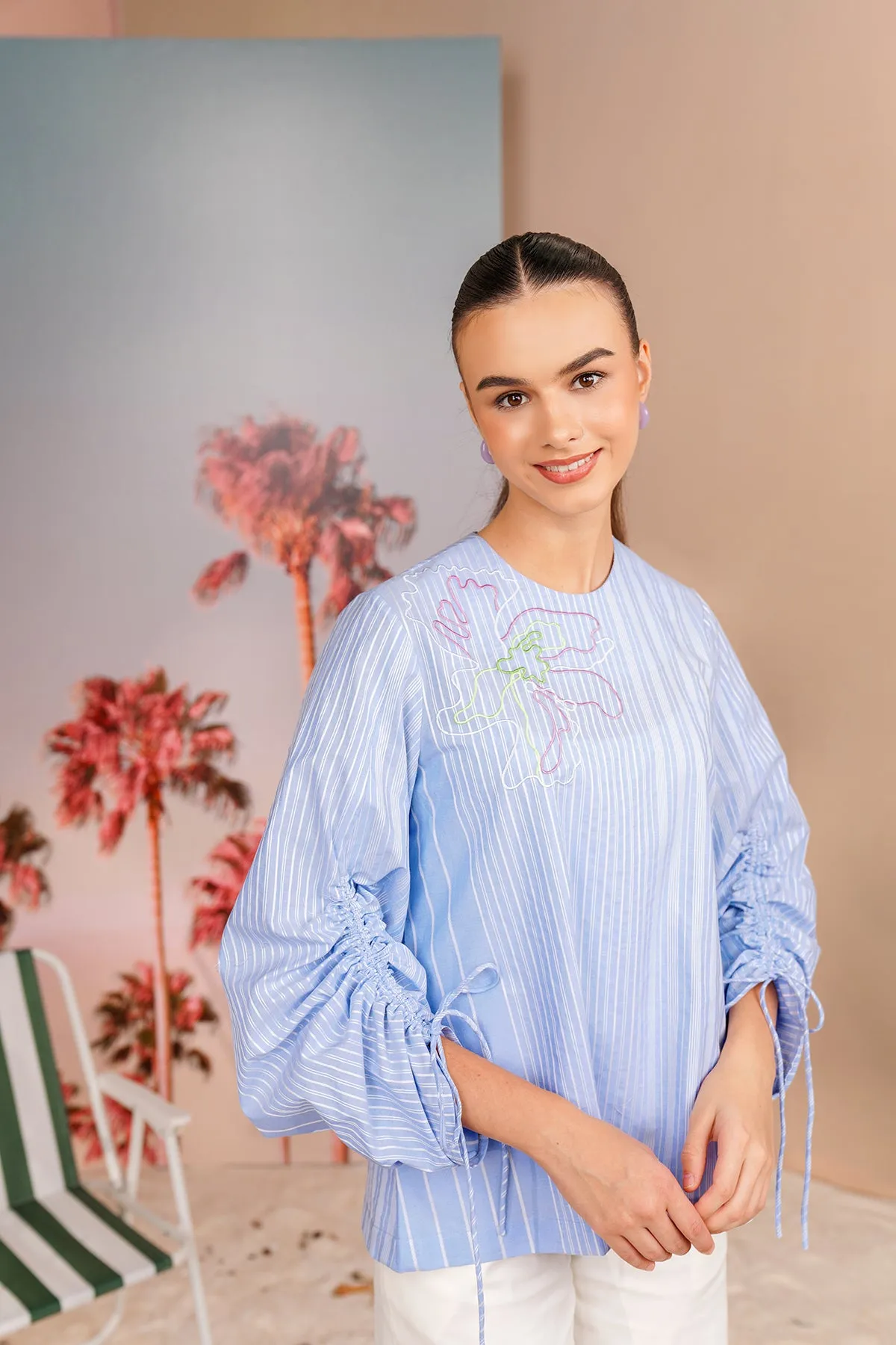 Buttonscarves X Jovian Paradiso Pauline Gathered Sleeve Blouse In Placid Blue