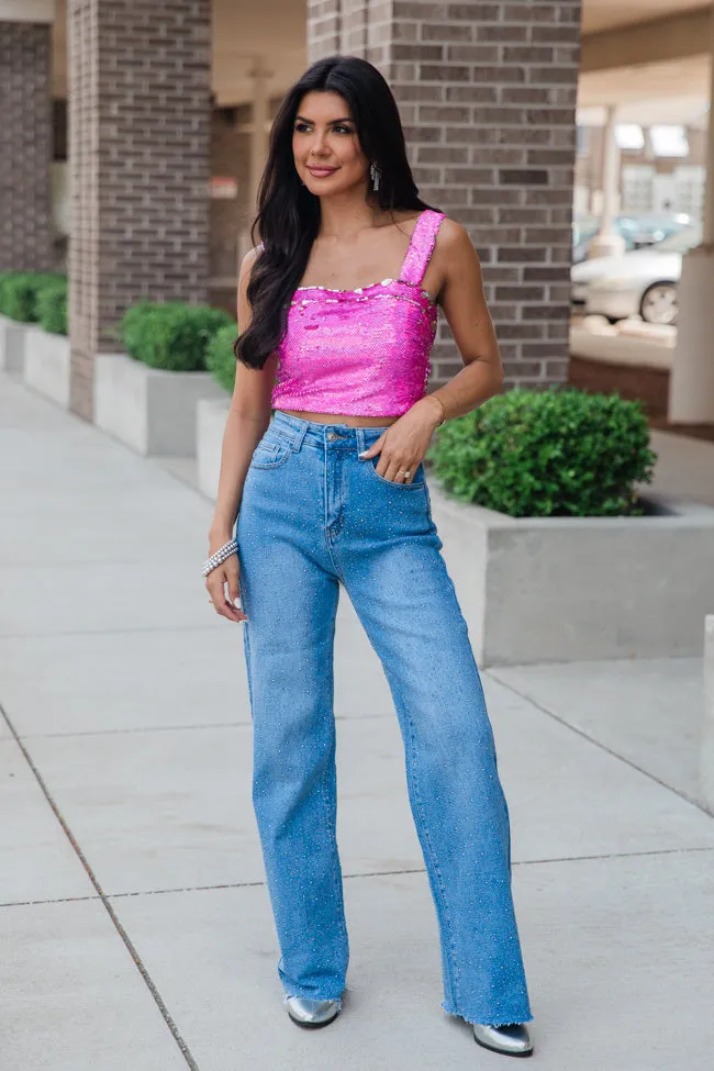 Campbell Medium Wash Rhinestone Detail Wide Leg Jeans