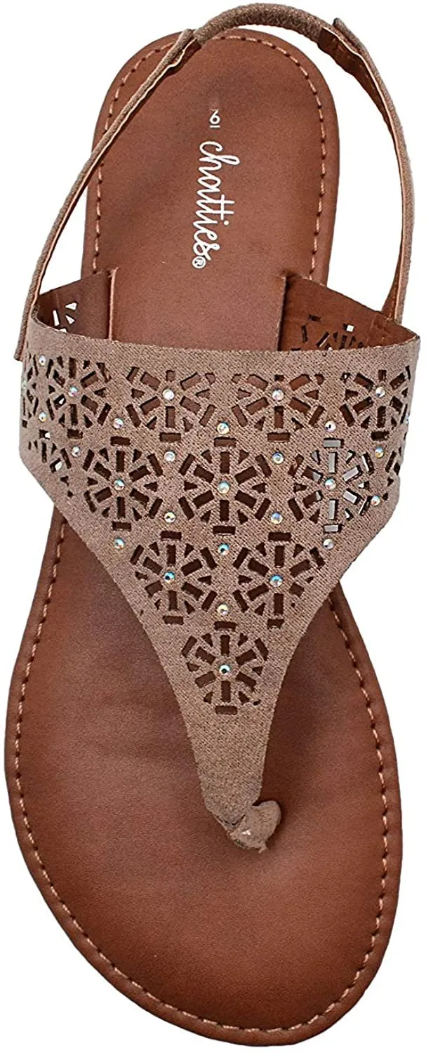Chatties Women’s Microsuede Cutout Rhinestone Thong Sandal with Elastic Back Strap - Open Toe Fashion Summer Slide Shoe