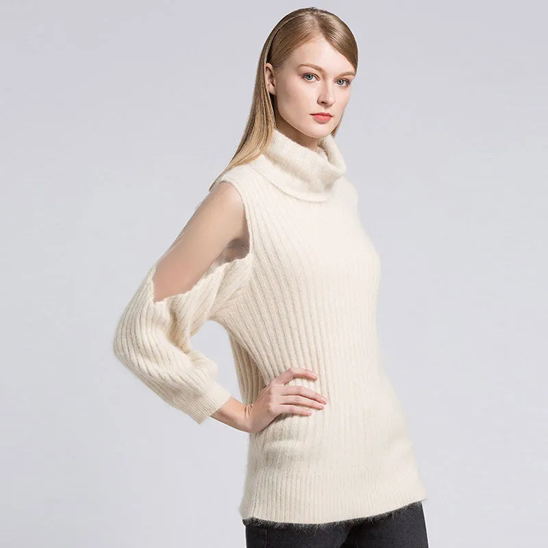 Chic Mesh Panel Cowl Neck Cream Long Sleeve Rib Knit Long Sweater