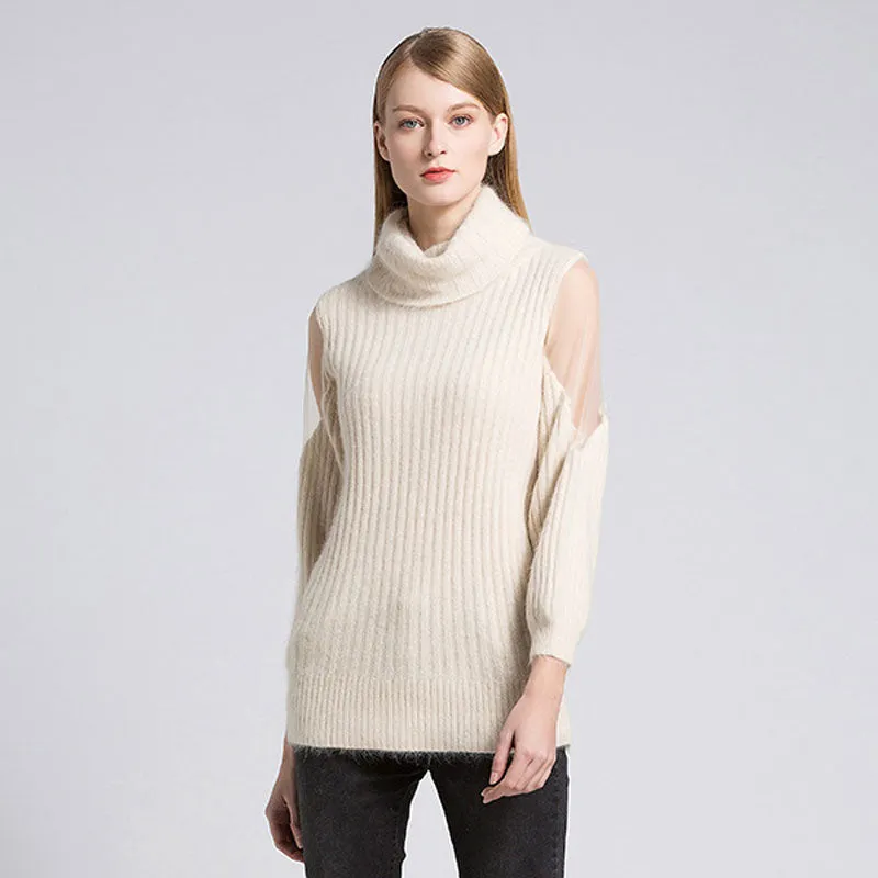 Chic Mesh Panel Cowl Neck Cream Long Sleeve Rib Knit Long Sweater