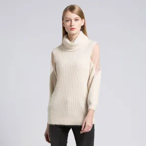 Chic Mesh Panel Cowl Neck Cream Long Sleeve Rib Knit Long Sweater